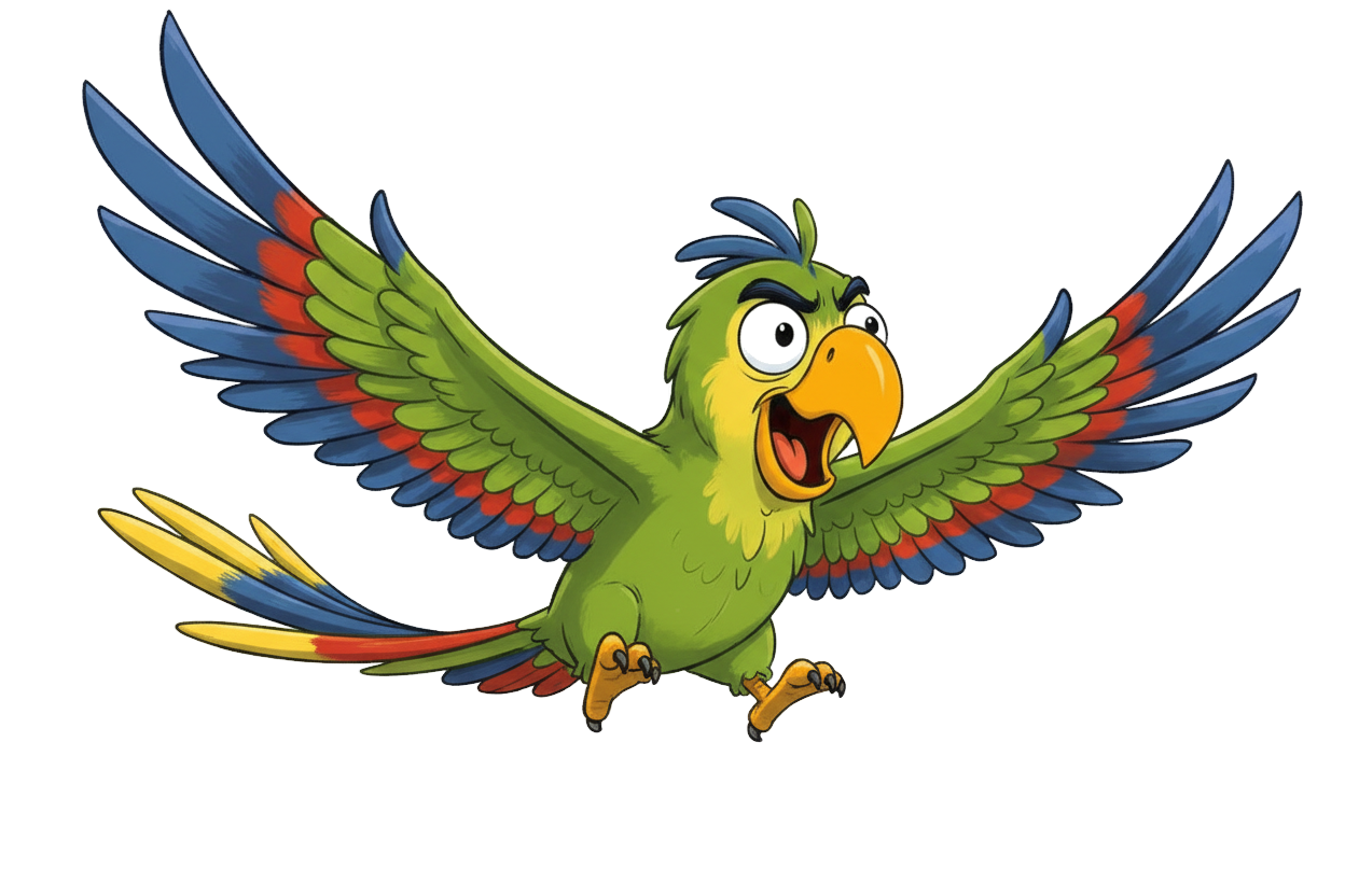 Frank, an Amazon parrot flying fast, official Monkeys on Patrol artwork