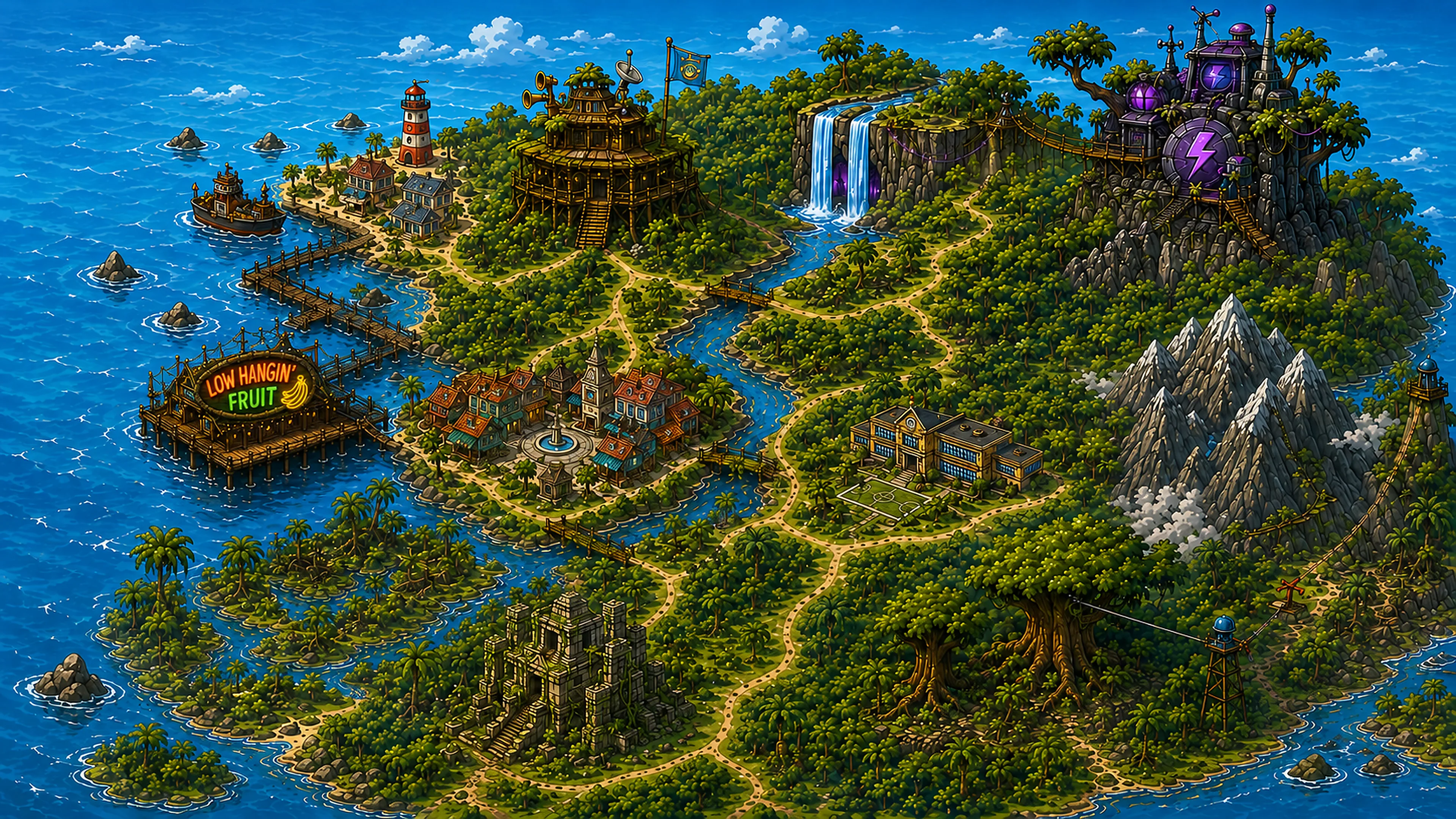 The Monkeys on Patrol universe map — the whole island and every patrol location