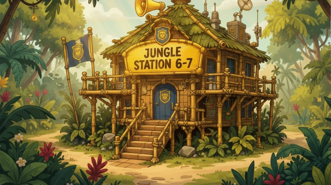 Jungle Station 6-7 at golden hour — the Patrol's bamboo headquarters in the jungle