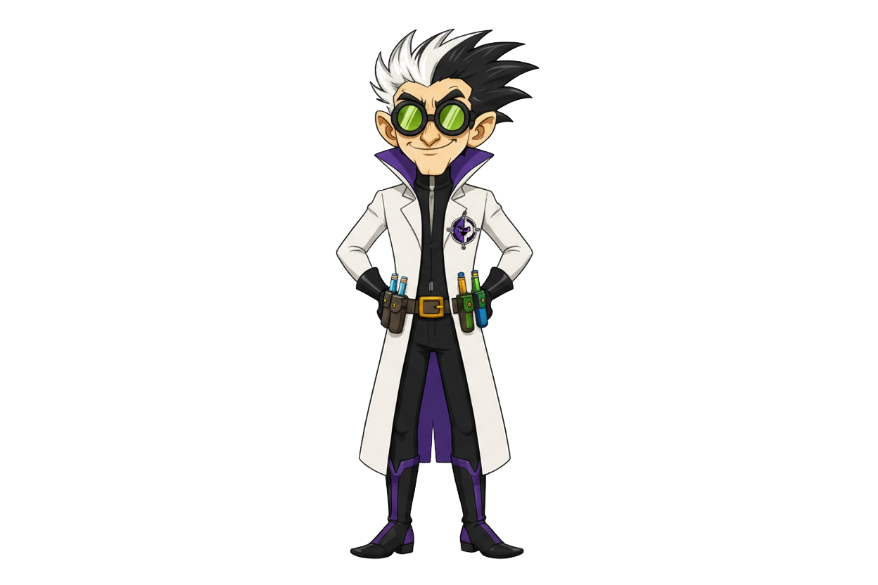 Dr. Split, front-facing portrait, official Monkeys on Patrol artwork