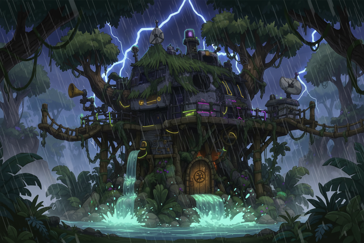 Dr. Split's lair glowing in the jungle at night