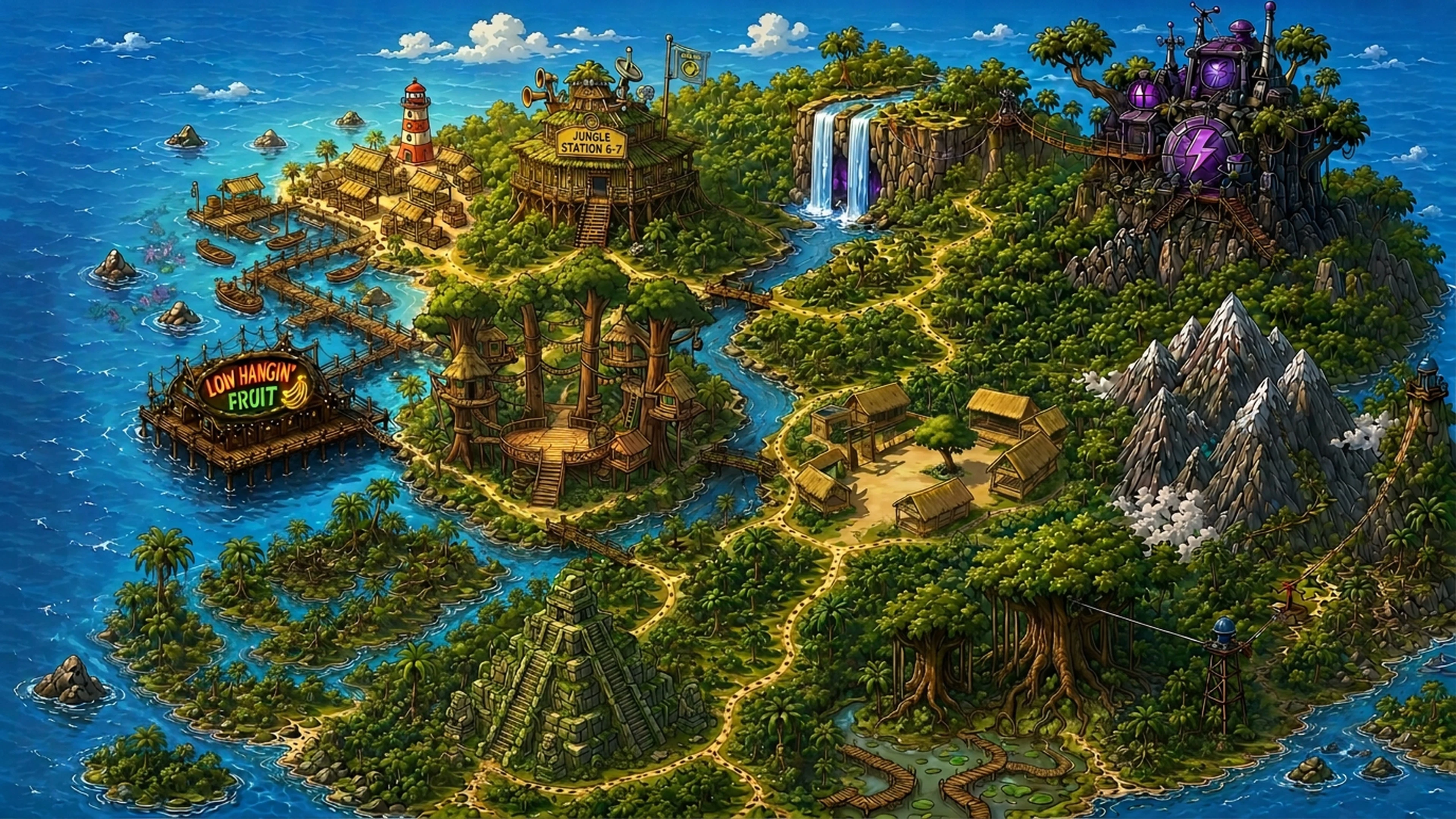 The Monkeys on Patrol universe map — the whole island and every patrol location