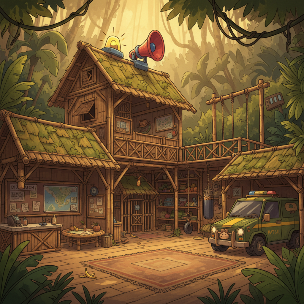 Jungle Station 6-7 at golden hour — the Patrol's treehouse headquarters